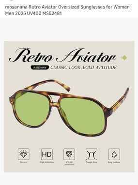 Retro Aviator Oversized Sunglasses for Women — Tortoise Frame with Green Lenses